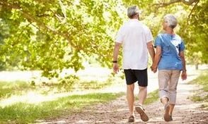 Senior couple walking together in the countryside, back view
